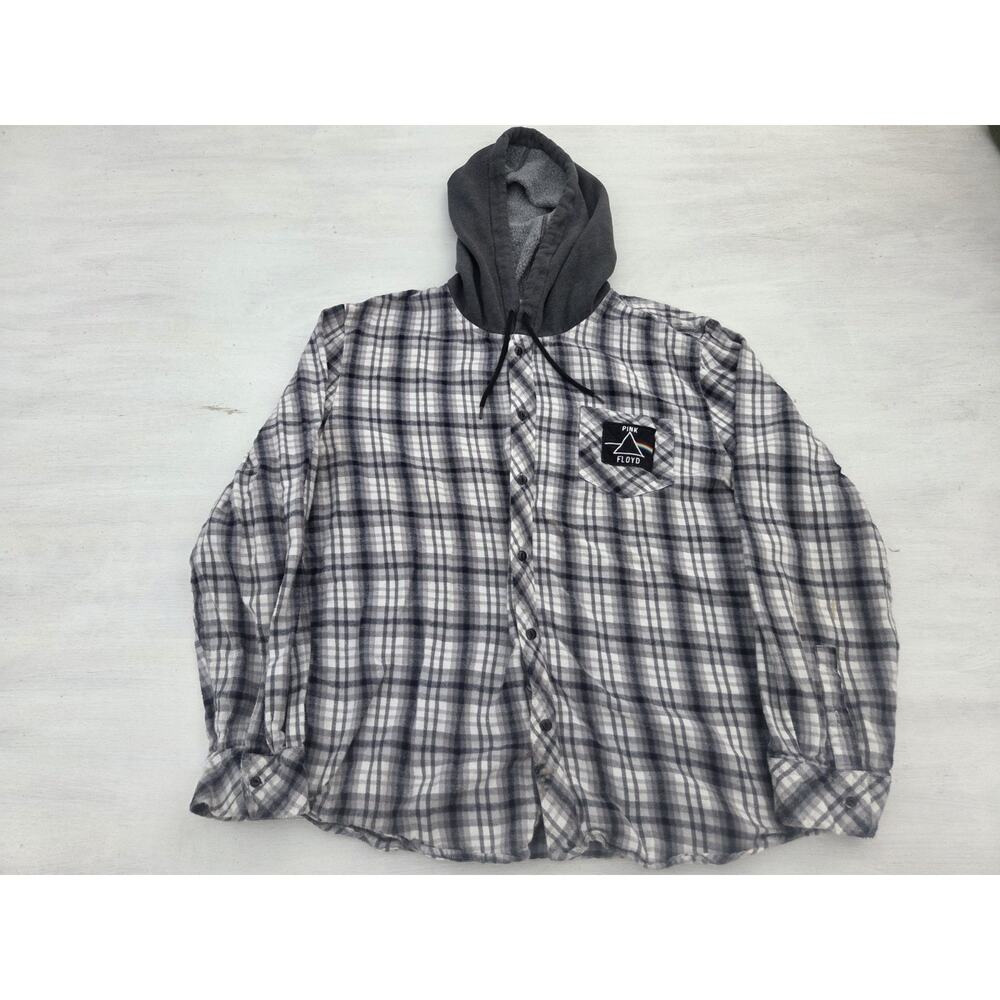 Pink Floyd Hooded Flannel Shirt Men XL Black White Plaid Dark Side Of Moon '73 - Picture 1 of 11